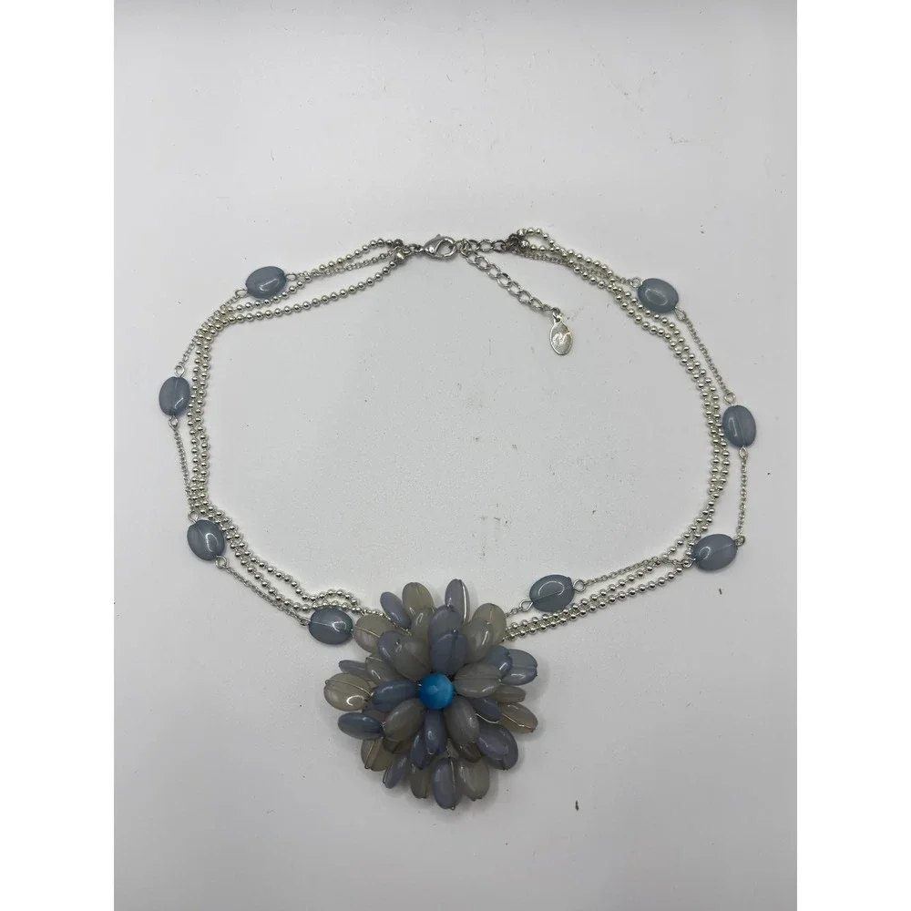 Villager Grey Blue Floral‎ Cluster Multi Strand Necklace Silver Tone 15 Inch